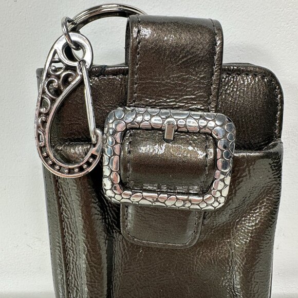 BRIGHTON Metallic Pewter Patent Leather Phone Wallet Card Case Buckle 5x4" - Picture 2 of 9